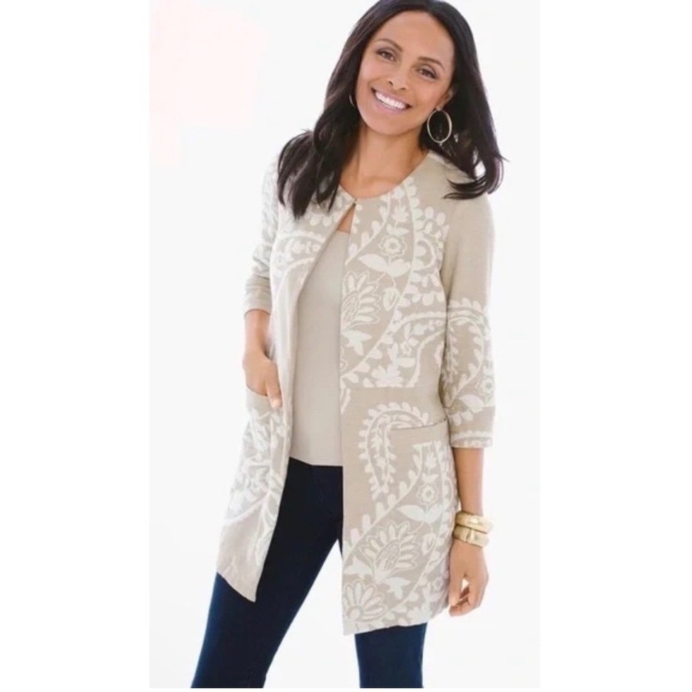 Chico's Linen Jacquard Floral Duster Jacket Size 2 L Tan Ivory Open Front